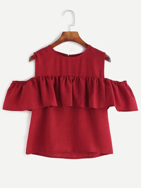 Burgundy Open Shoulder Ruffle Top