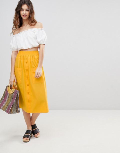 Falda Midi De Algodón Con Botones En La Parte Delantera De Asos Design-amarillo