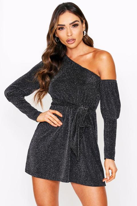 Glitter Off The Shoulder Tie Detail Mini Dress