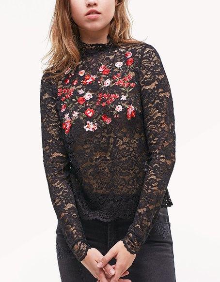 Maglietta Lace Con Ricamo Nero