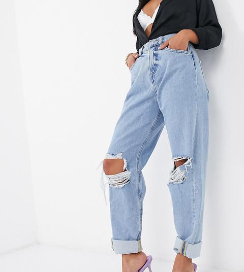 Asos Design Petite High Rise 'slouchy' Mom Jeans In Lightwash With Rips-blue