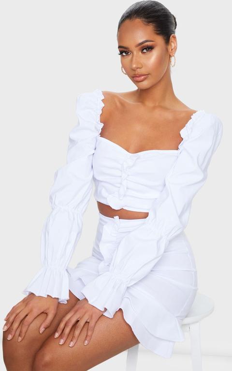 White Woven Stretch Frill Ruched Front Long Sleeve Crop Top