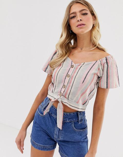 Pimkie Button Front Top With Knot Detail In Stripe-multi