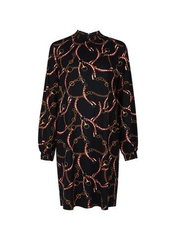 Womens Black Chain Print Shirred Neck Shift Dress- Black, Black