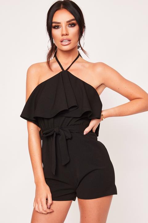 Megan Black Frill Front Halter Neck Playsuit