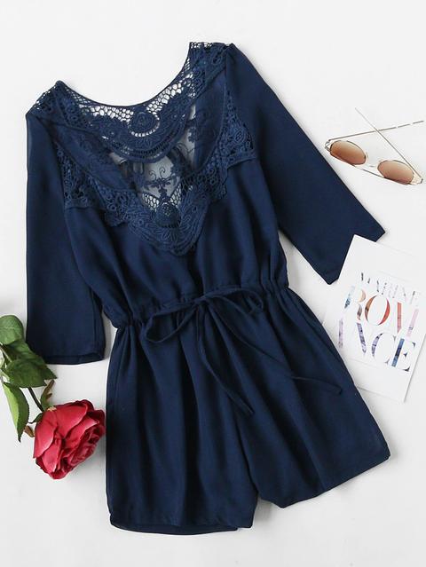 Lace Panel Tie V Back Drawstring Waist Romper