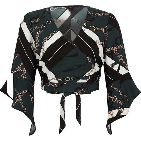 Green Scarf Chain Print Cropped Wrap Blouse