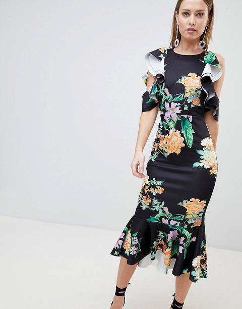 Asos Design - Vestito Midi A Fiori In Tessuto Scuba Con Spalle Scoperte Con Volant E Peplo - Multicolore