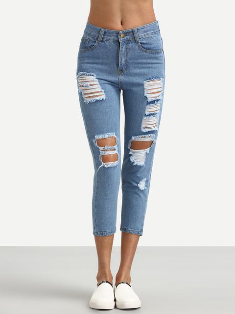 Blue Ripped Skinny Ankle Jeans