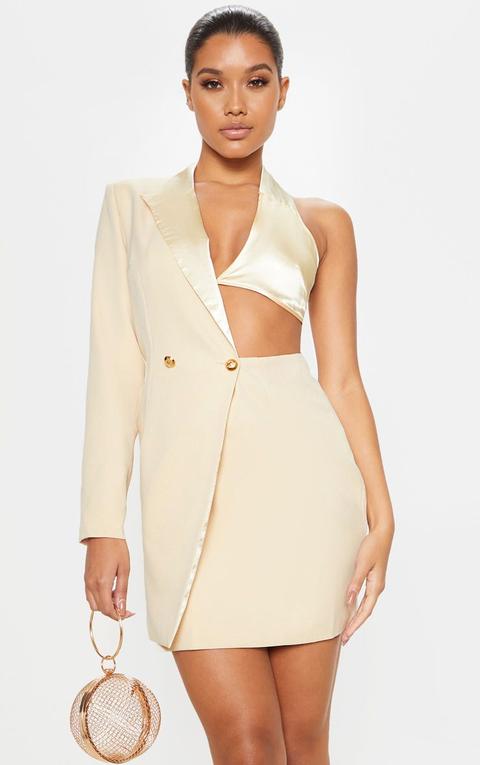 Stone One Shoulder Satin Detail Gold Button Blazer Dress, White