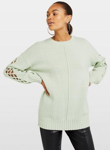 Womens Green Sleeve Stitch Knitted Jumper, Pale Green