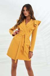 Ruffle Shoulder Obi Belt Mini Blazer Dress In Turmeric