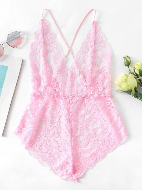 Scalloped Trim Criss Cross Lace Bodysuit