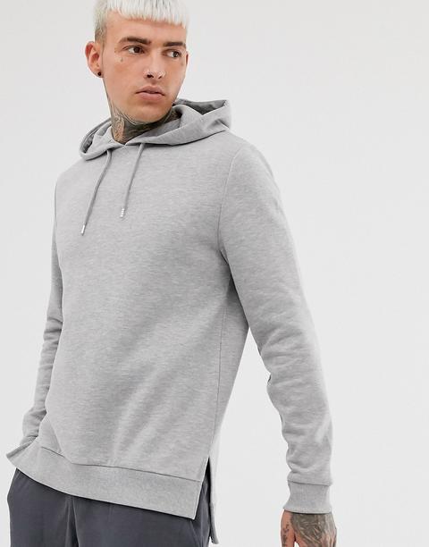 Asos Design - Hoodie À Ourlet Plongeant Fendu - Gris Chiné