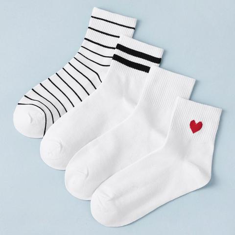 Heart & Striped Pattern Crew Socks - 4 Pairs