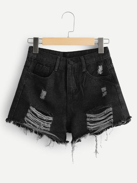 Shorts In Denim Strappati Orlo Grezzo