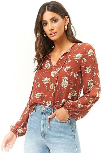Forever 21 Floral Print Tie-neck Top Brown/yellow