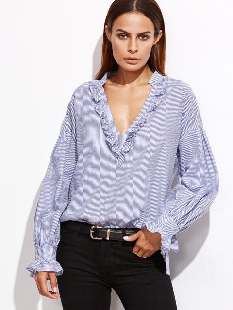 Blusa A Rayas Con Escote V Profundo Y Volantes - Azul