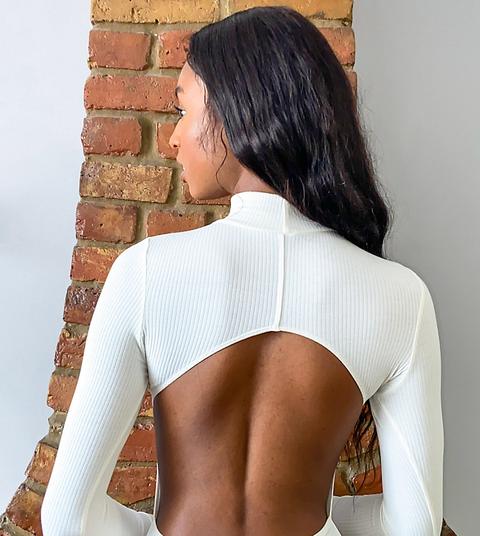 Asos Design Tall Turtle Neck Open Back Bodysuit With Long Sleeve In Rib In Cream-white