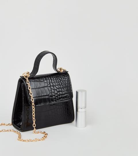 Black Faux Croc Mini Shoulder Bag New Look