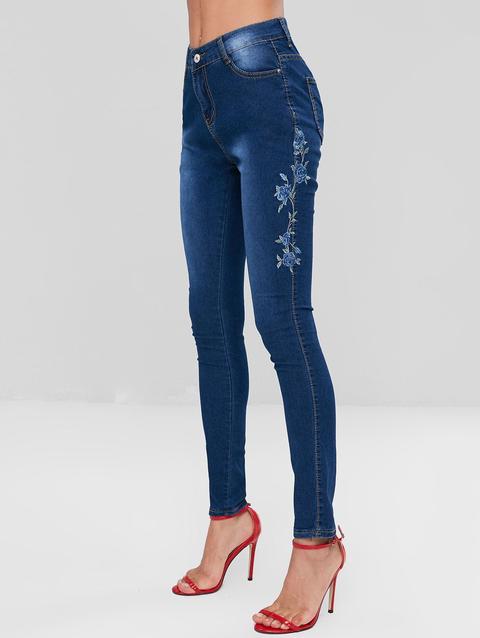 Jeans Stretti Con Ricamo Floreale Deep Blue