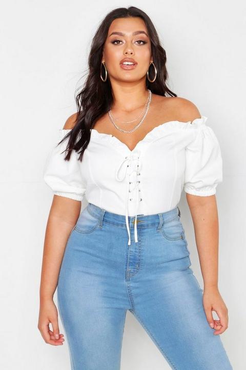 Womens Plus Lace Up Sweetheart Neckline Off Shoulder Top - White - 16, White