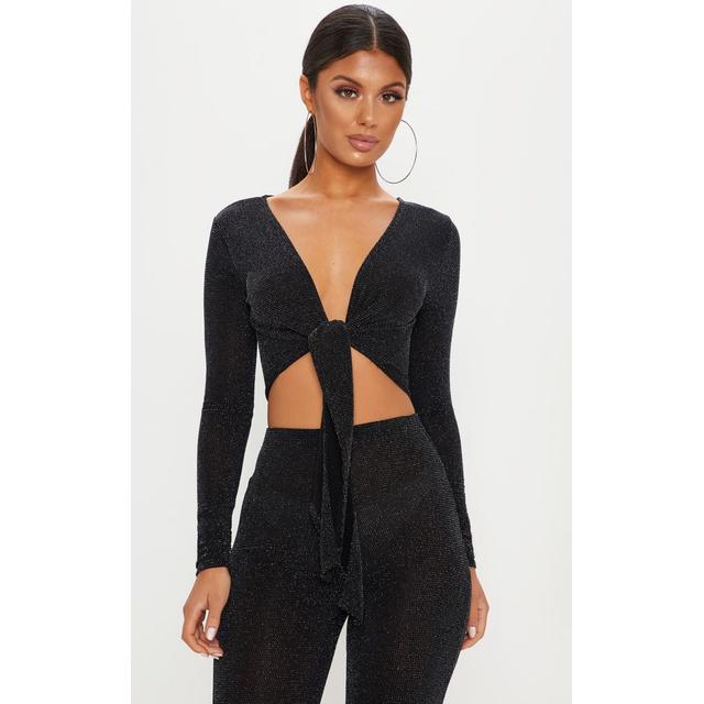 Silver Glitter Long Sleeve Tie Front 