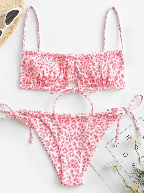 Zaful Ribbed Leopard Drawstring String Bikini Swimwear Light Pink