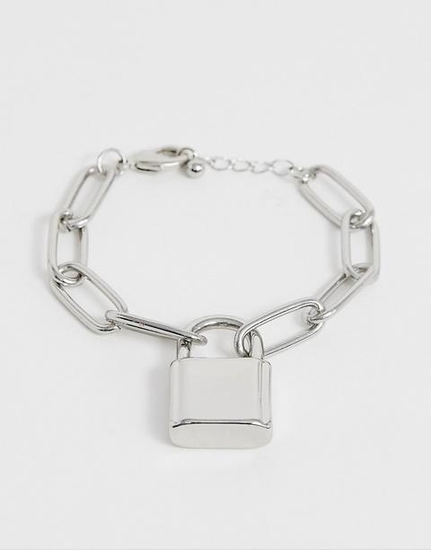 Asos Design Bracelet With Hardware Chain And Padlock In Silver Tone