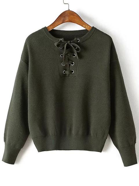 Maglione Spalle Cascanti Con Lacci Occhielli Verde Miltare