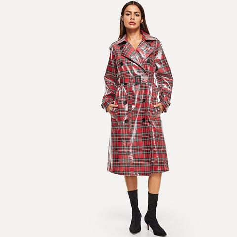 Belted Cuff And Waist Plaid Trench Coat