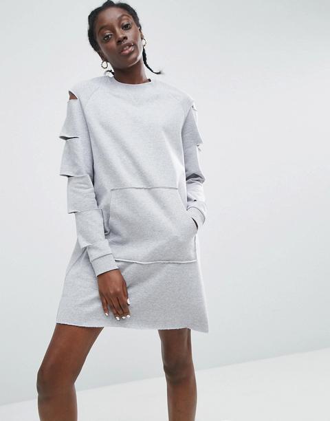 Asos - Vestito Felpato Con Cut-out Sulle Maniche E Orlo Grezzo - Grigio