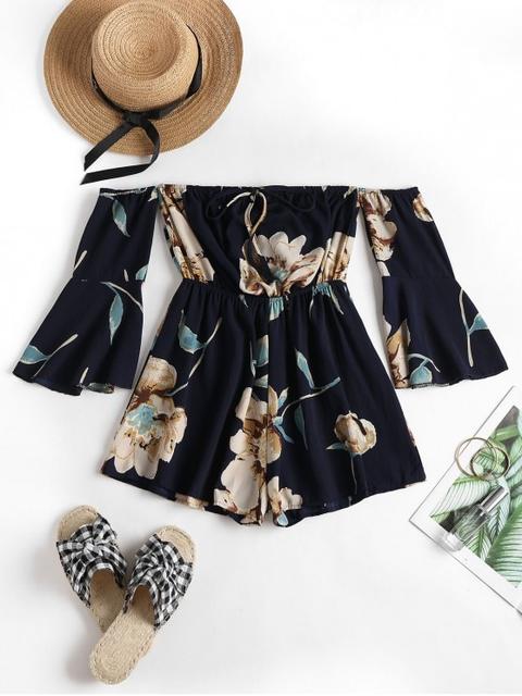 Zaful Manga Acanalada Floral Del Mameluco Del Hombro Deep Blue White Black Red Wine