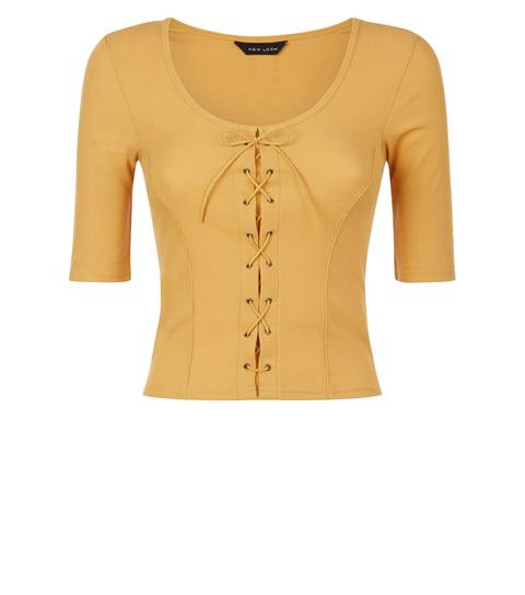 Mustard Ribbed Lace-up 1/2 Sleeve Top New Look