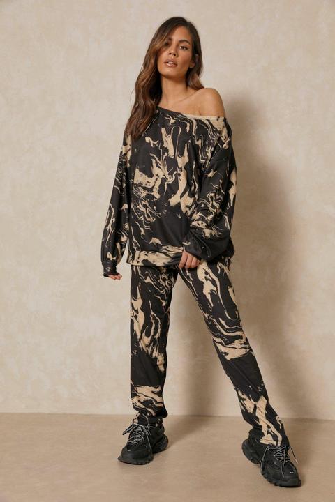 Womens Marble Print Oversized Loopback Jumper Black