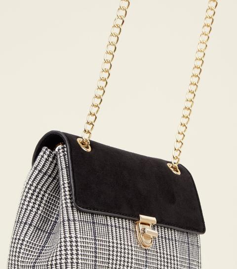Black Prince Of Wales Check Chain Strap Bag New Look