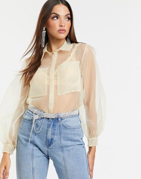 Asos Design - Camicia In Organza A Maniche Lunghe - Crema