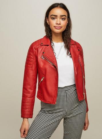 Womens Red Bella Pu Biker Jacket, Burgundy