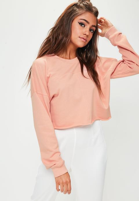 Pink Raw Hem Cropped Sweatshirt