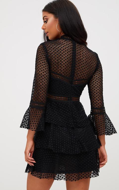 Black Flare Sleeve Lace Tiered Mini Dress