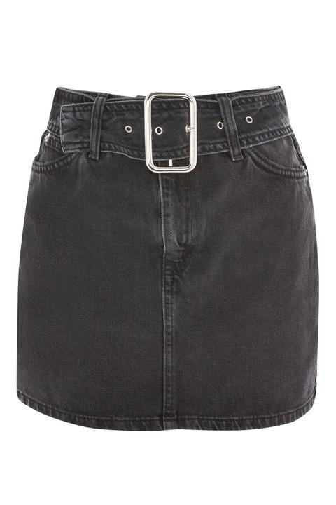 Womens Moto Buckle Belt Denim Mini Skirt - Washed Black, Washed Black