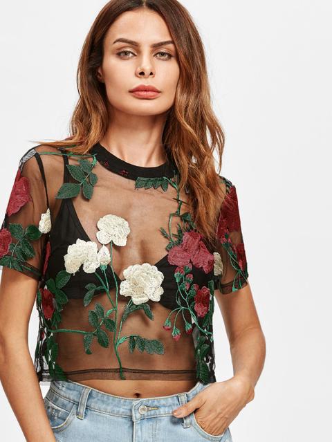 Flower Embroidered Mesh Top