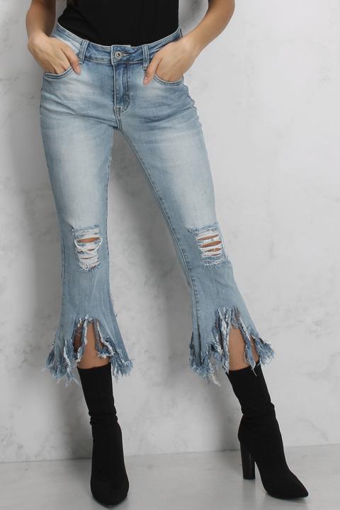 Blue Distressed Ankle Flare Jeans