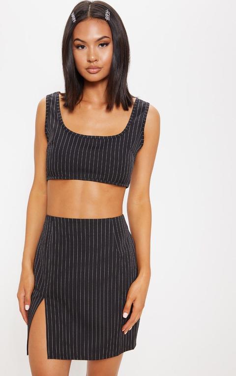 Black Pinstripe Sleeveless Scoop Neck Crop Top, Black
