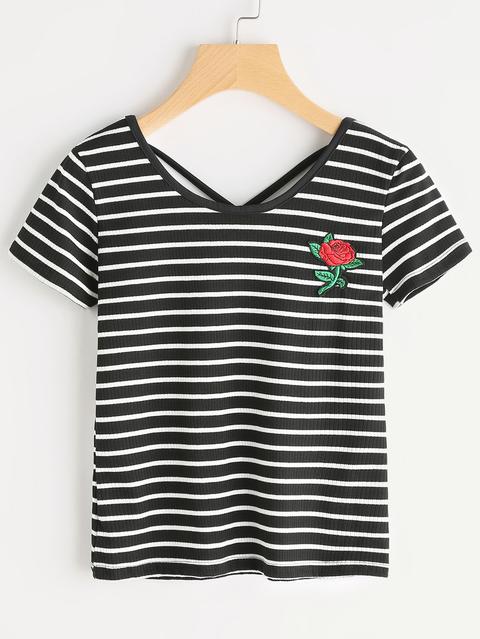 Striped Rose Embroidered Criss Cross Back Tshirt