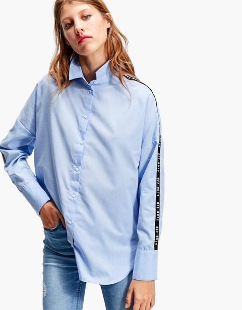 Camicia Oversize Striscia Con Scritta Celeste