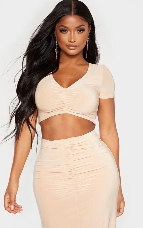 Shape Champagne Short Sleeve Ruched Front Crop Top