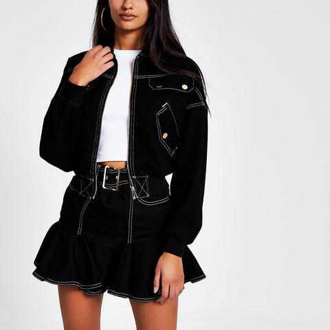 Black Contrast Stitch Cropped Bomber Jacket