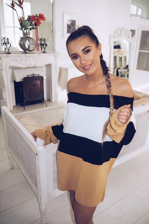 Brown Dresses - Dani Dyer Brown Bardot Striped Jumper Dress