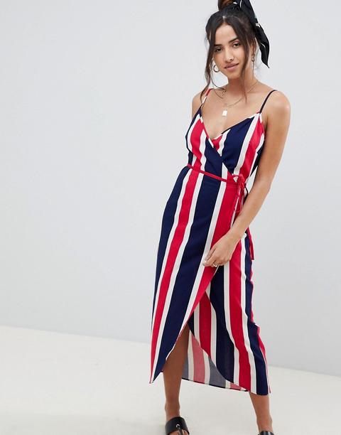 Asos Design - Vestito Lungo A Portafoglio In Lino A Righe Colorate - Multicolore